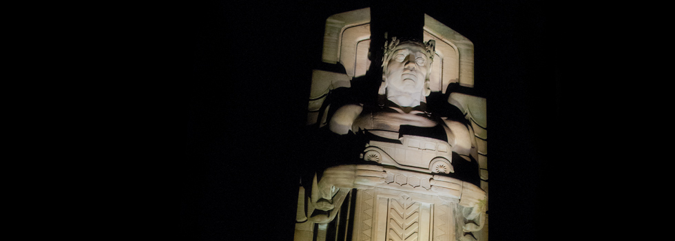 The newly lit Traffic Guardians on the Hope Memorial Bridge - Photo Bob Perkoski