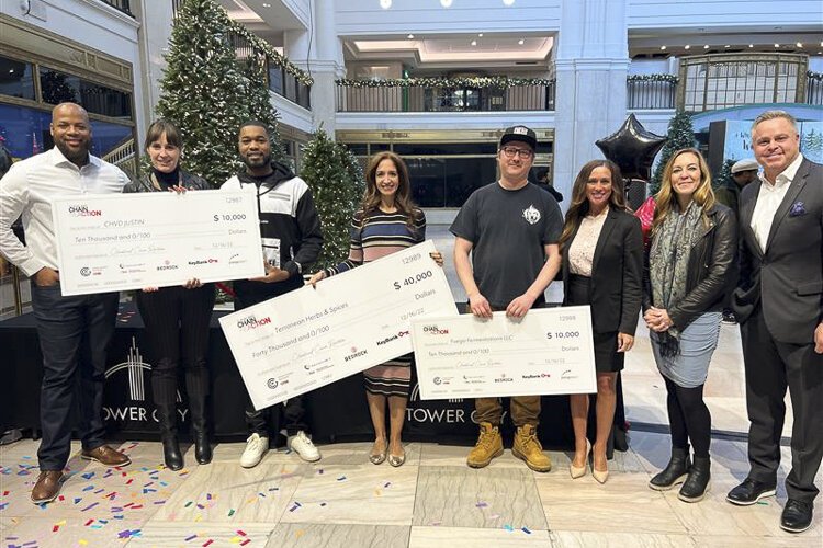 <span class="content-image-text">Season five Cleveland Chain Reaction winners pictured with the judges</span>