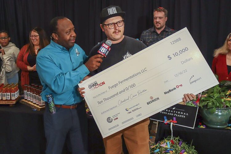 Fuego Fermentations was one of three second-place winners of season five of Cleveland Chain Reaction. Owner Ian Barrett is pictured with Kenny Crumpton of “Kickin’ it with Kenny” on FOX 8 News in the Morning.