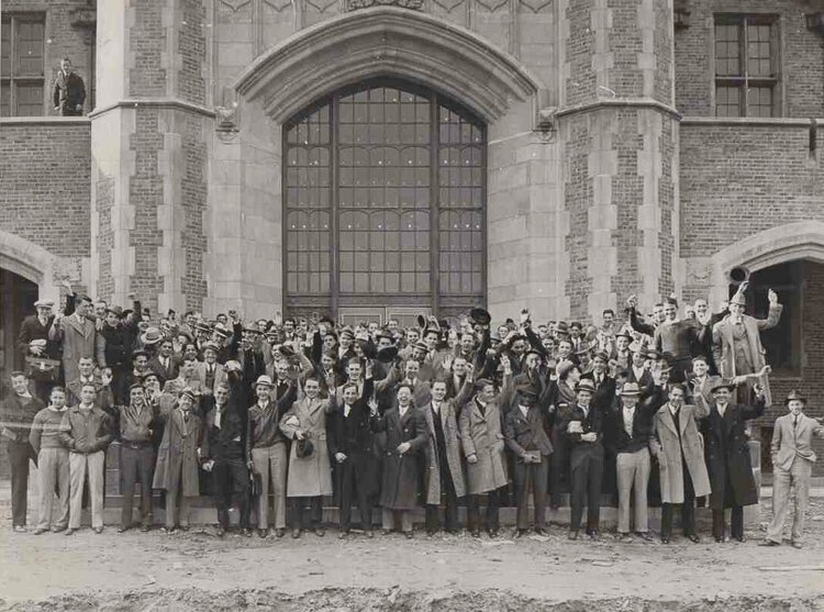Students from John Carroll University pose on their new campus in University Heights on its opening day in October 1935
