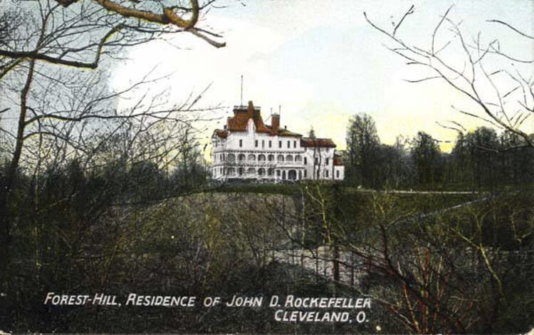 Colorized picture postcard of John D. Rockefeller's house located in his Forest Hill Estate (later Forest Hill Park), ca. 1920.