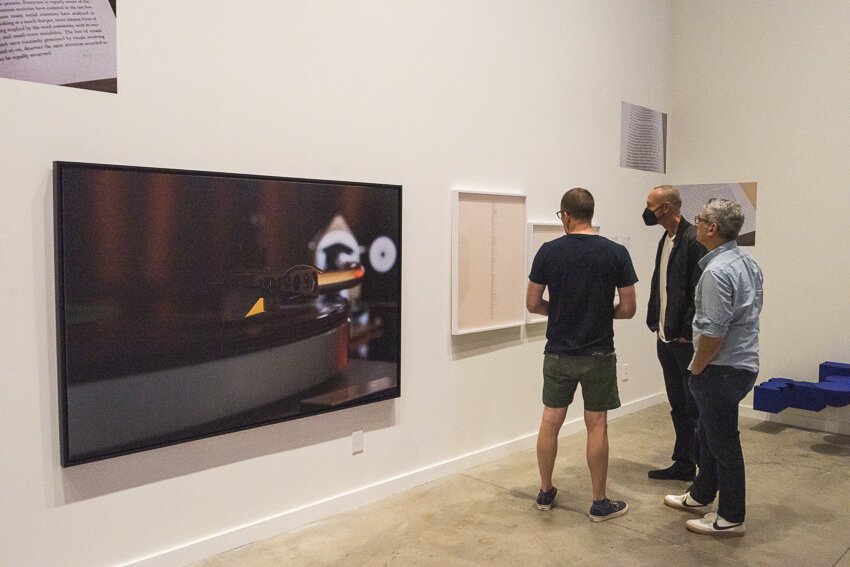 FRONT PNC Exhibition Hub at Transformer Station features an intergenerational group show by artists Sarah Oppenheimer and Tony Cokes that blends their distinct approaches to interactive architecture and moving images.