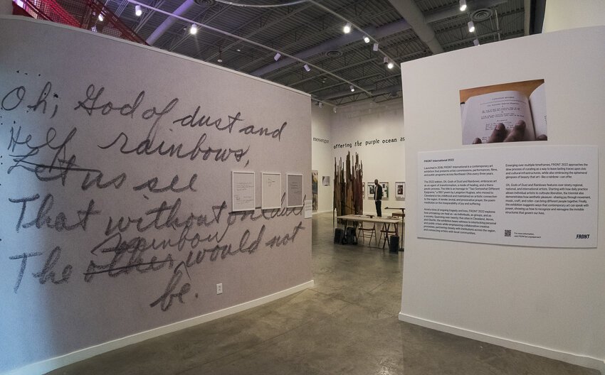 FRONT PNC Exhibition Hub at Transformer Station features an intergenerational group show by artists Sarah Oppenheimer and Tony Cokes that blends their distinct approaches to interactive architecture and moving images.