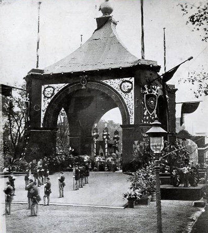 View of President James A. Garfield's catafalque in 1881 located in Monument Park (now Public Square); between  150,000 and 250,000 people walked by the casket.
