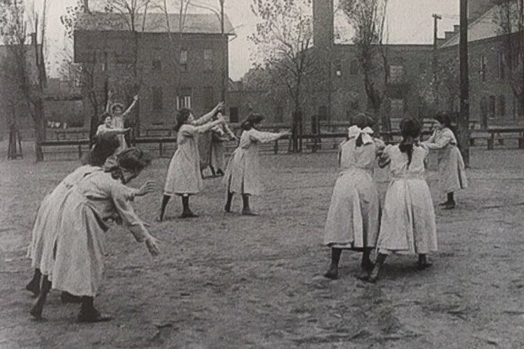 Girls doing exercises at the Cleveland Jewish Orphan Asylum in 1915.