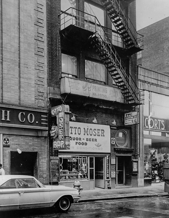 Otto Moser's Bar on East 4th St., a favorite of the theater-going crowd, as it looked in the mid-1960s
