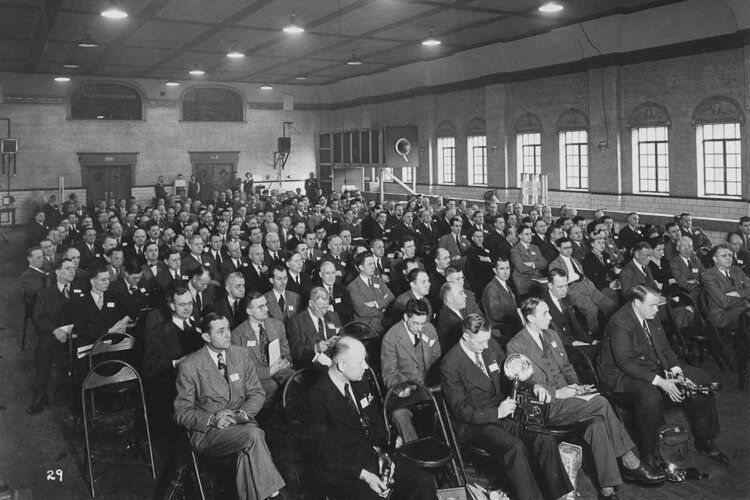 Attendees fill the former Sons of Italy Auditorium at the January 1947 grand opening of the American Society of Heating and Ventilating Engineers' national research laboratory