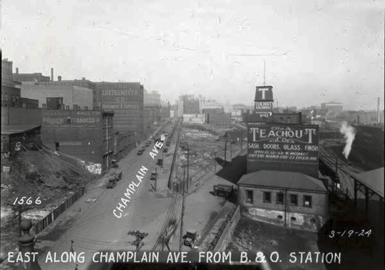 Looking east from the Baltimore & Ohio railroad passenger station along Champlain St. from the intersection with Canal Rd. - 1924