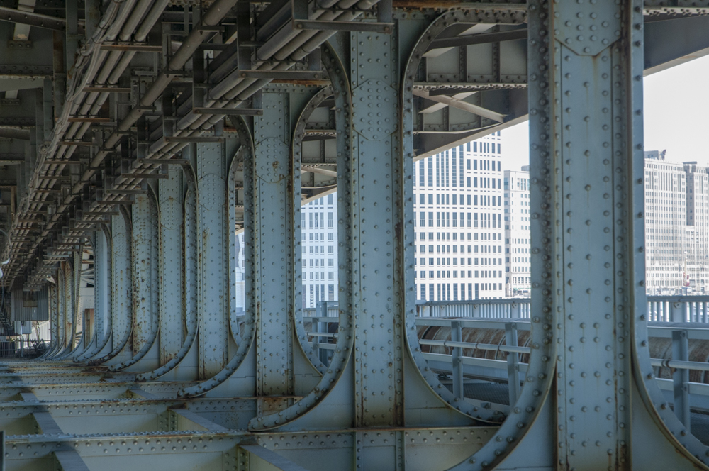 The underside of the Veterans Memorial Bridge (Detroit Superior Bridge)