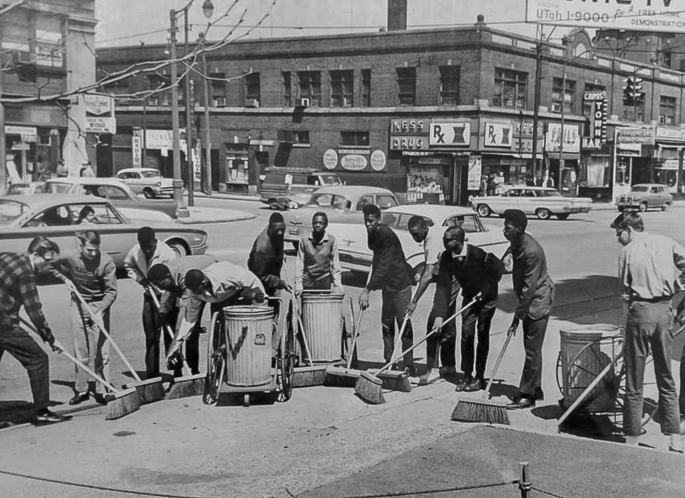 Community Clean Up Calvary congregational members and community residents worked together to revitalize the neighborhood as shown here at the intersection of 79th and Euclid Ave, ca. 1960