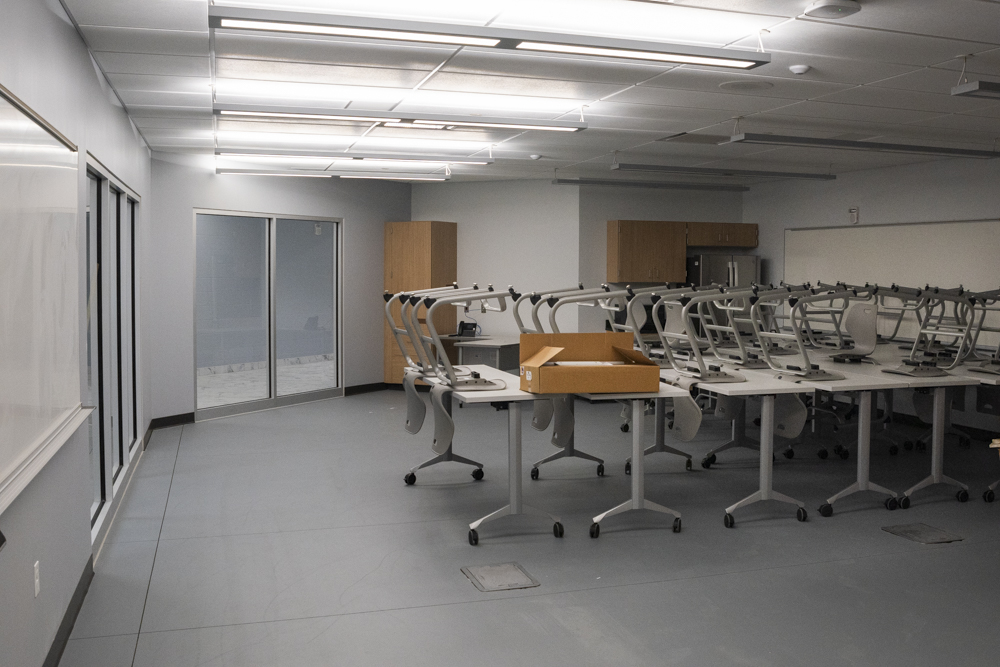 One of the classrooms being set up at the new school+