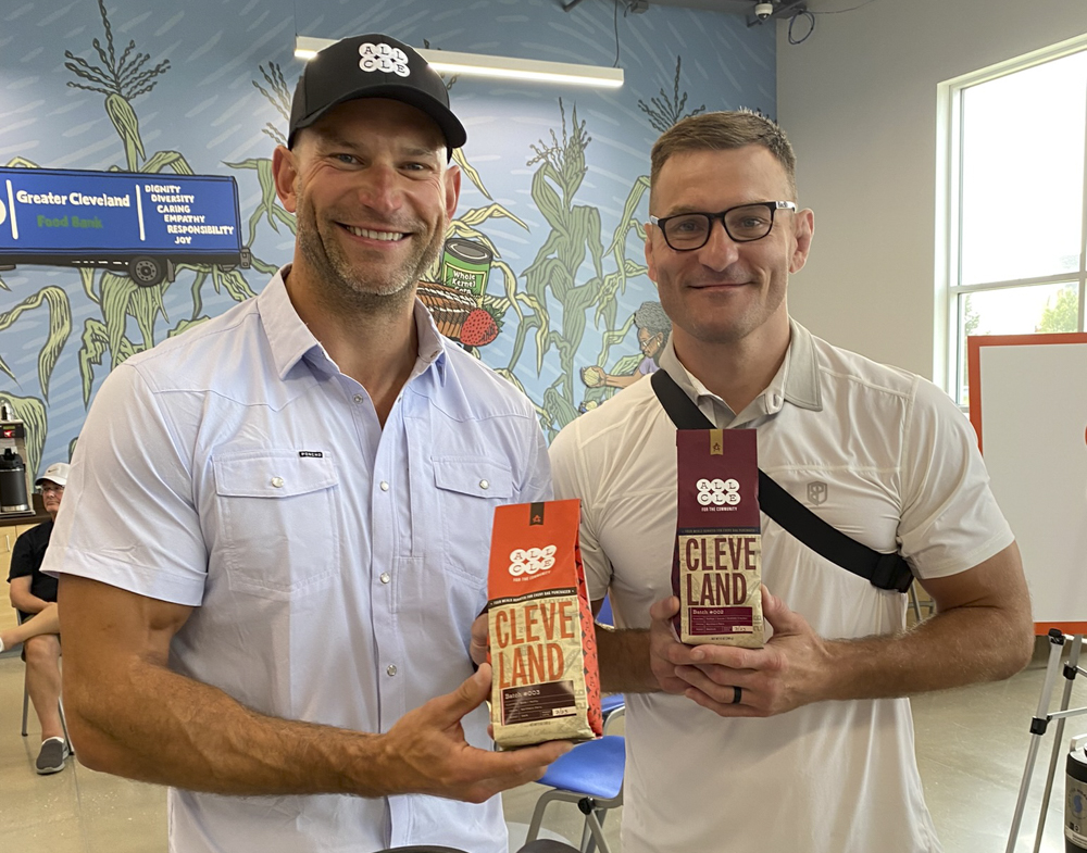 Pro Football Hall of Famer Joe Thomas (left) and former UFC heavyweight champion Stipe Miocic (right) of All Cleveland Coffee