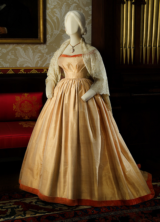 Gold silk taffeta gown, ca. 1865. Worn by Kate Smith Hanna (1843-1919)