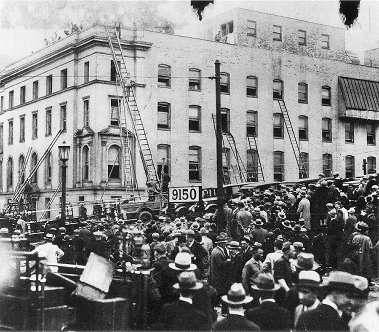 Firefighters rescue workers at the Cleveland Clinic Disaster, 15 May 1929