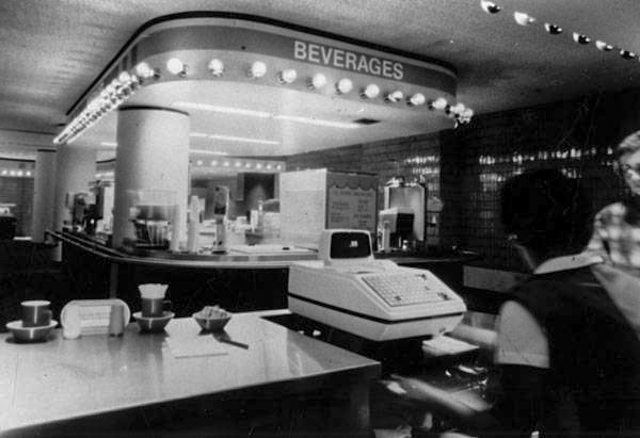 Interior of Ohio Bell Telephone Building cafeteria, ca. 1979
