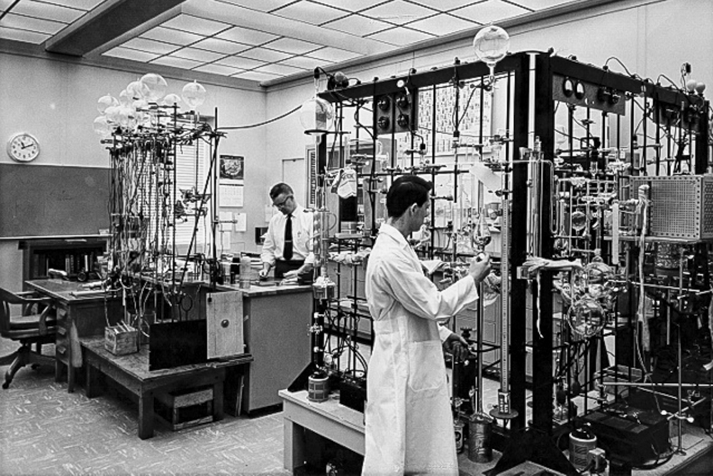 Technicians testing lighting products in 1963