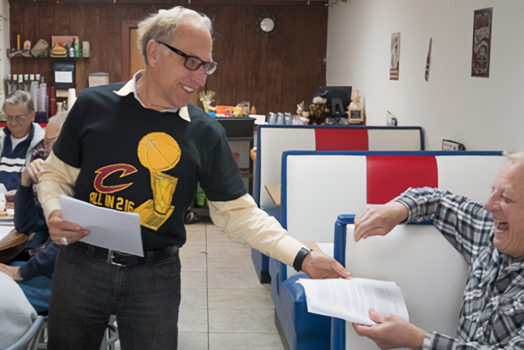 Pastor George Zehnder at the monthly St. Mark Men’s breakfast meet at Rise and Dine Cafe in Chesterland in 2017