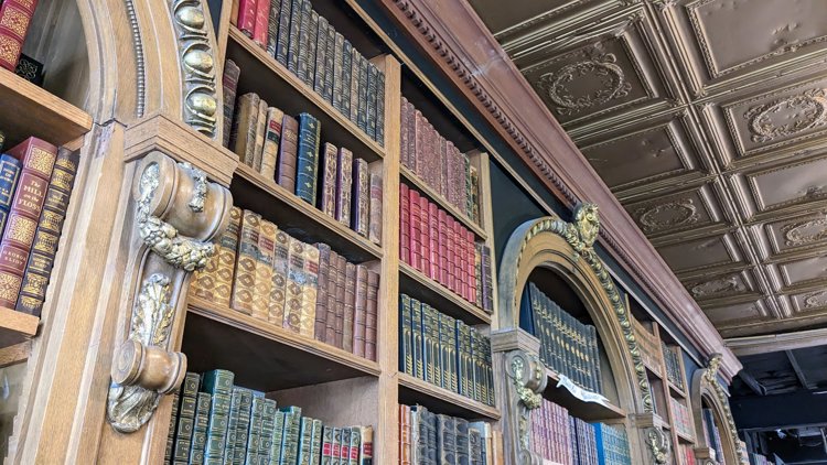 The 30-year-old Loganberry Books has ornate shelves and ceilings