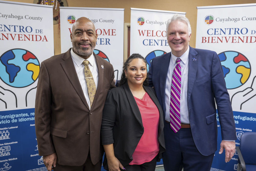 Ward 6 Councilman Blaine Griffin, head of the Cuyahoga County Welcome Center Tina Coleman and County Executive Chris Ronayne at the ribbon cutting