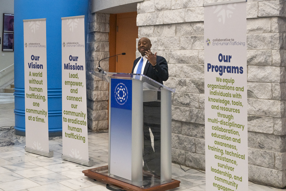 Felton Thomas, Jr., Executive director of the Cleveland Public Library speaking at the Human Trafficking Awareness Forum