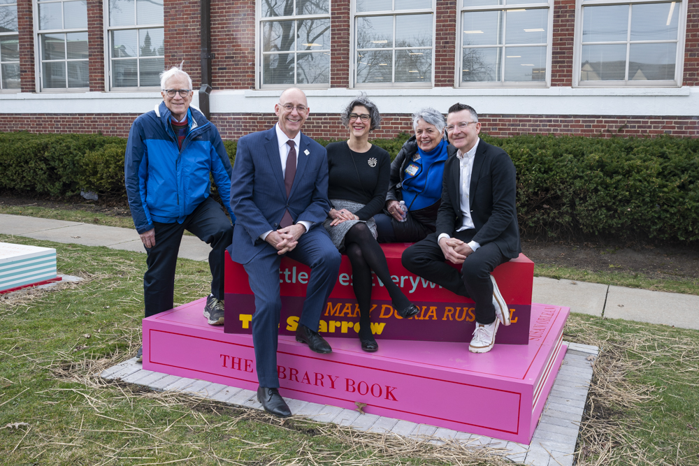Bob Rawson, Shaker Heights Mayer David Weiss, Shaker Heights Library Director Amy Switzer, Judy Rawson and LAND studio Executive Director Greg Peckham