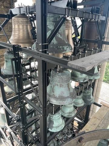 The 51 Carillon  bells, weighing a total of 21,000 pounds, in the Alexander McGaffin Memorial Tower/