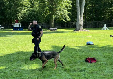 Officer Jeremy Puszakowski, Chinook’s handler, doing demonstration with Chinook.