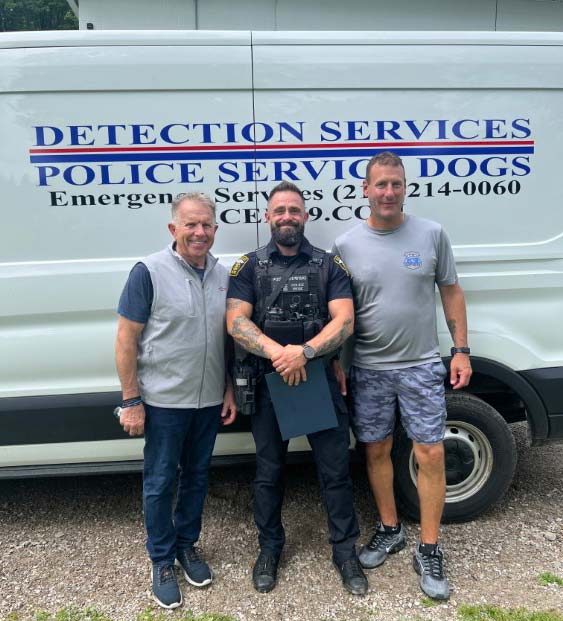 VFR Foundation founder David Knott; Chinook’s handler, Jeremy Puszakowski; and Vince Trusso, father of Jacob Derbin.