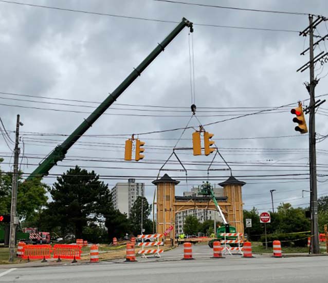 It took trucks and cranes to move the arch about 150 feet.