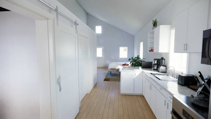 The kitchen in one of the studio units.