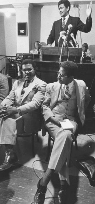 Reverend Otis Moss Jr. speaks to a group of Black leaders who met to correct what they perceive as unfair treatment of Blacks by the news media.