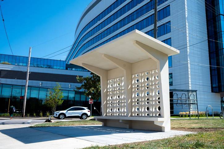 Edra Soto's "La Distancia" across from the MetroHealth Glick Center features motifs, or rejas, that adorn many Puerto Rican homes.
