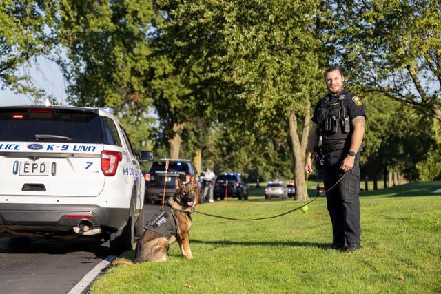 Euclid Police Officer Paul Jablonski and police  K- 9  Cozemo were sworn in with  Jeremy Puszakowski and K-9 Chinook.
