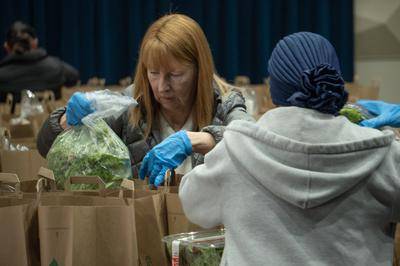 Volunteers sort and pack groceries.