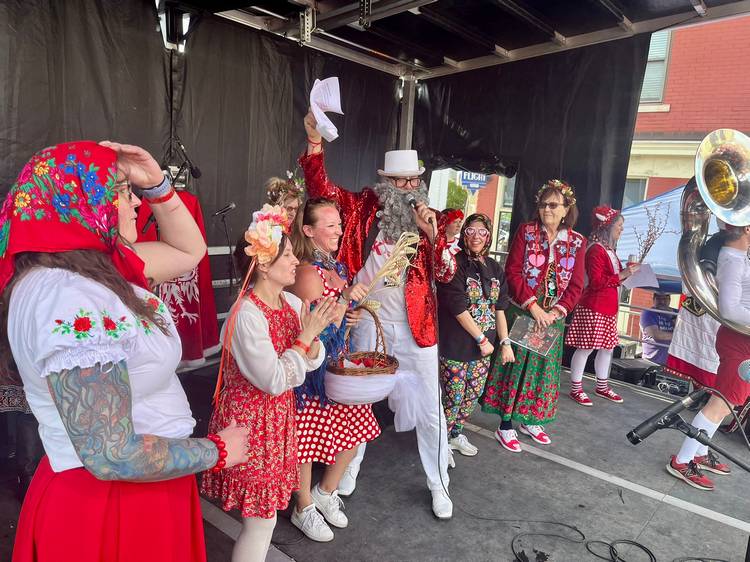 DJ Krishna welcomes the Miss Dyngus Day contenders.