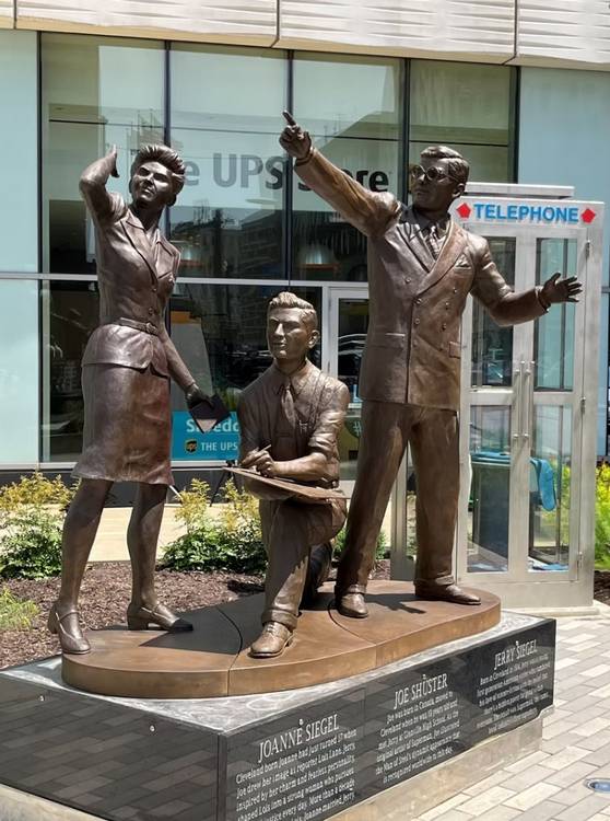 The bronze statues of Superman creators Jerry Siegel and Joe Shuster and Siegel’s wife, Joanne Siegel, who was the inspiration for Lois Lane.