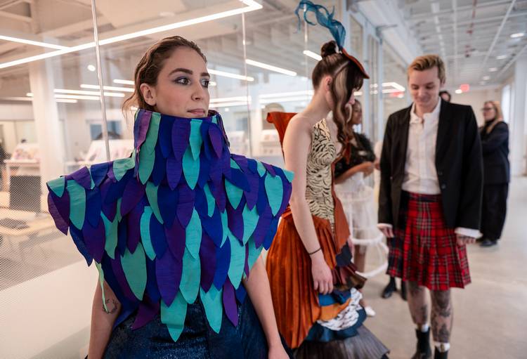 Students model the designs during the KSU School of Fashion biomimicry project.