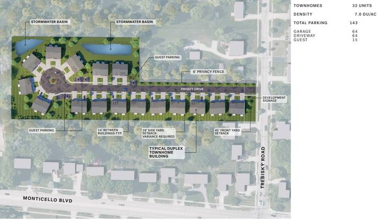A rendering of Trebisky Grove, which will have 32 higher-end townhouses. Construction is scheduled to begin in spring of 2027.