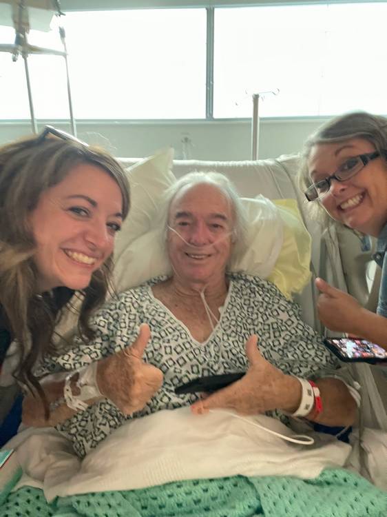 Tim Tench on the day of his transplant with daughters Tesa and Stacey