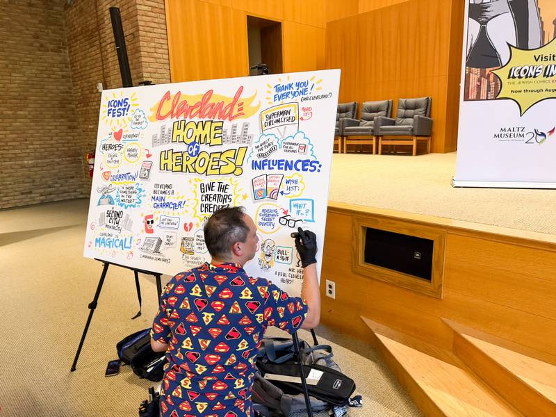 Local artist Len Peralta creates an original illustration live during the 'Cleveland: Home of Heroes!' panel at Icons Fest, capturing the conversation through art.