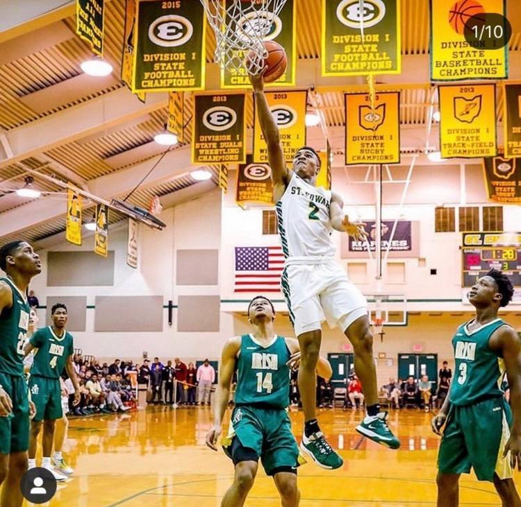 Montorie Foster Jr. makes a basket for the St. Edward Eagles in 2020.