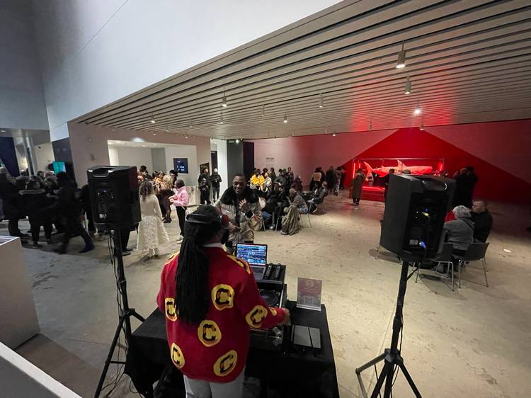 The view from DJ Silk's post at moCa Cleveland's 2026 season opening event.