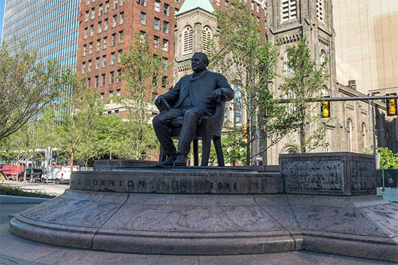 The refurbished statue of 1901 mayor Tom Johnson at the north center section of Public Square.