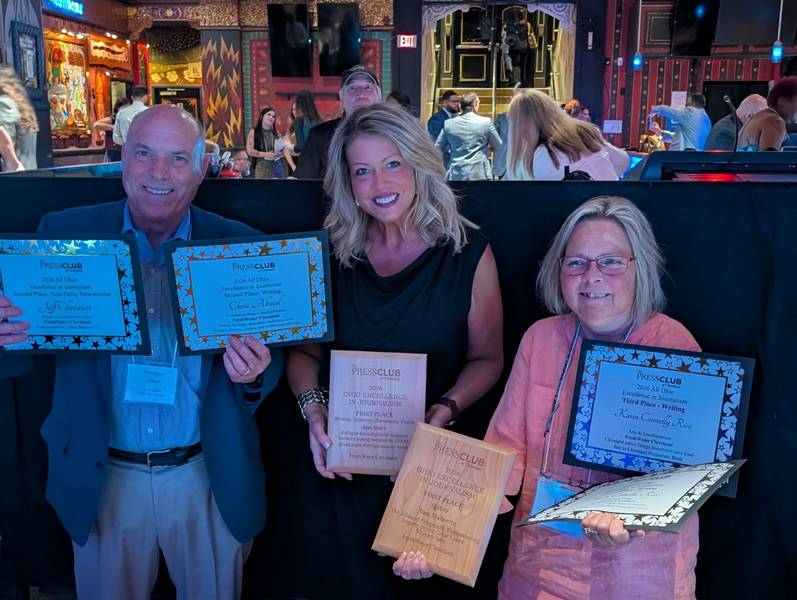 The FreshWater staff representing at the 2026 All-Ohio Excellence in Journalism Awards: Chris Abood, Jess Starr, and Karin Rice.