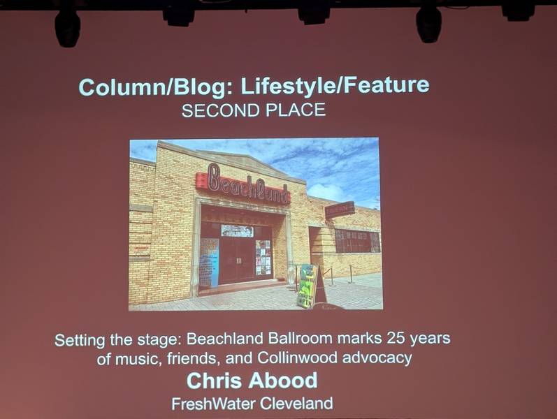 FreshWater writer Chris Abood won second place for his feature story on the Beachland Ballroom's 25th anniversary.