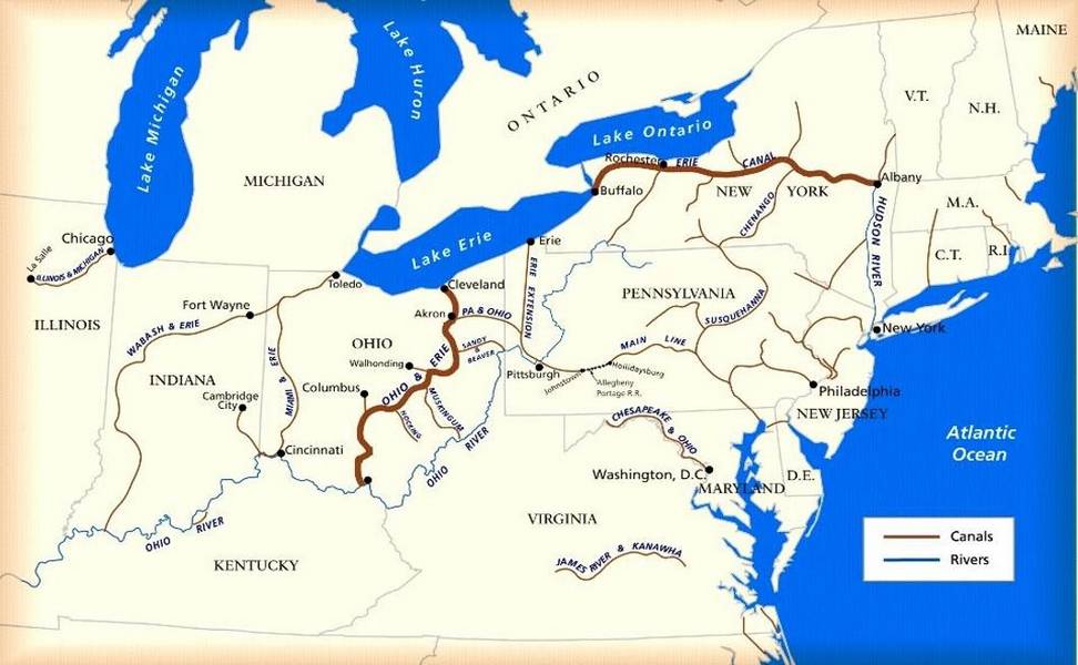 A National Park Services map showing the Erie Canal and the Ohio and Erie Canal circa 1860s.