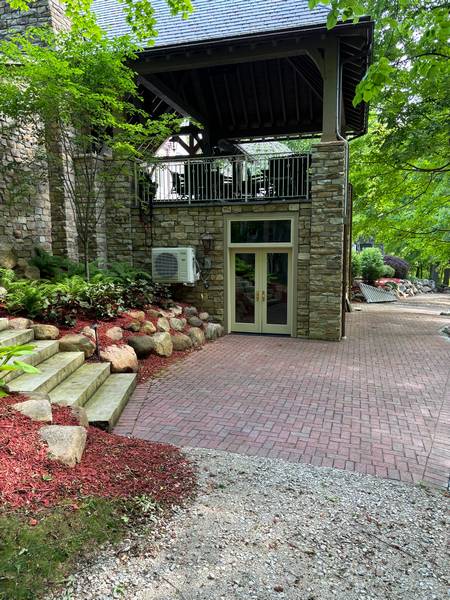 The entrance to an entertainment venue on the grounds of a grand home on tour.