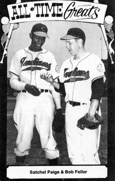 Satchell Paige and Bob Feller, c. 1948. Feller pitched his first major league game at League Park in 1936. Paige never played at League Park as an Indian, nut he likely played there  in the Negro Leagues.