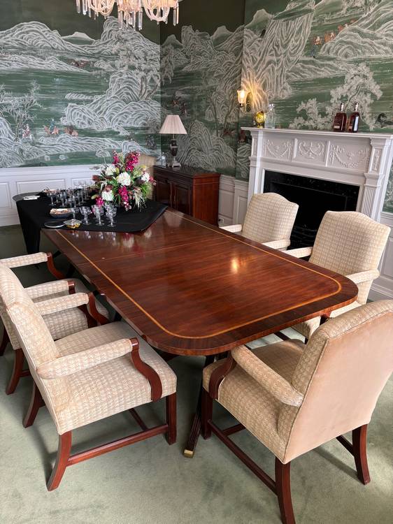 The Greenbrier Suite Green Room, styled by designer Dorothy Draper, with painted wallpaper.