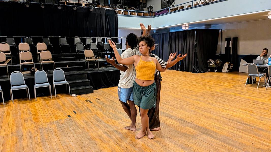 L-R: Larry White, Jade Holloway and Natalie Brown portray a tree in a rehearsal for 'Black by Nature.'